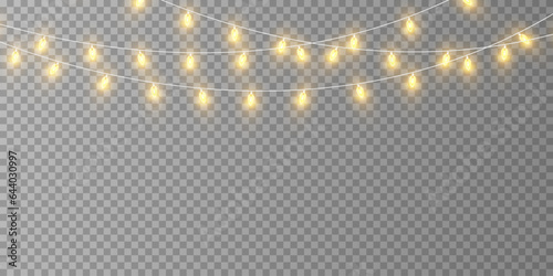 Christmas golden light lights isolated on transparent background, for cards, banners, posters, web design. A set of golden luminous garlands descending from the ceiling. LED neon lamp. Vector illustra