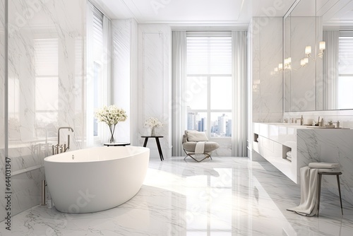 White Marble Bathroom Interior Design - A Sanctuary of Luxury and Relaxation - Bathroom Artistry with Stone Elegance - Bathroom in White Luxury Marble Background created with Generative AI Technology