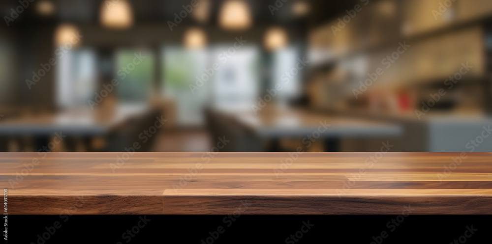 Empty wooden table with lights bokeh on blurred restaurant background.