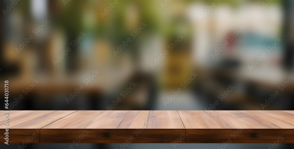Empty wooden table with lights bokeh on blurred restaurant background. Empty wooden table with lights bokeh on blurred restaurant background.