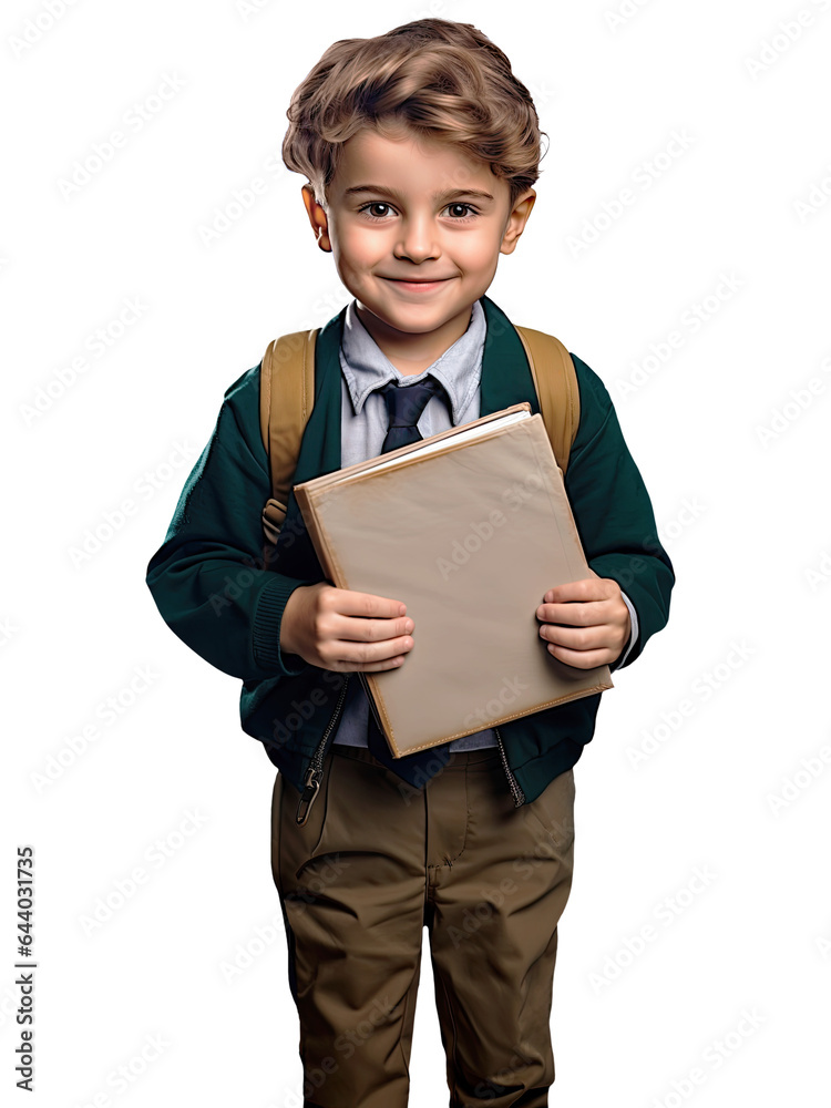 Portrait of little student boy holding books and a backpack cutout on transparent background, ready for architectural visualisation. Portrait of little student boy holding books and a backpack cutout on transparent background, ready for architectural visualisation.