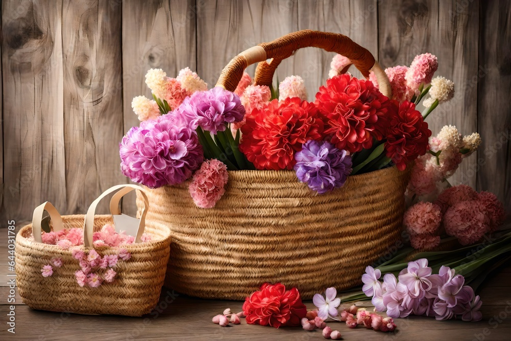 Wooden basket of colorful flowers Wooden basket of colorful flowers