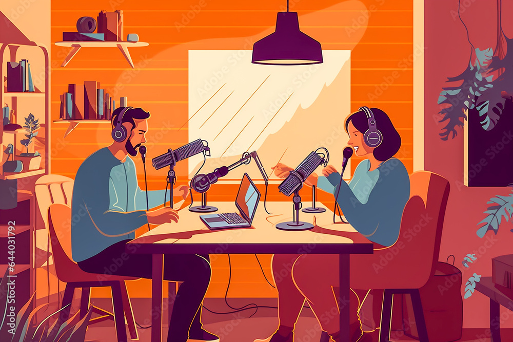 Fototapeta premium Couple doing a podcast in the their home