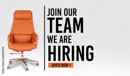 Join our team we are hiring banner with orange chair isolated on white background