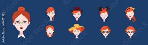 Redhead Young Woman Head and Avatar with Different Hairstyles Vector Set