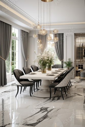  White Marble Dining Room Interior Design - White Marble Dining Room Brilliance Background - Celebration of Luxury Mealtime Elegance - Modern Dining Space Charm created with Generative AI Technology © InteriorArchitecture
