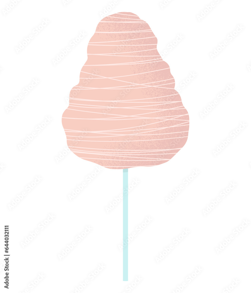 Flat vector cartoon illustration of cotton candy on a stick. Sweet street food for kids and adults. Isolated design on a white background. Flat vector cartoon illustration of cotton candy on a stick. Sweet street food for kids and adults. Isolated design on a white background.