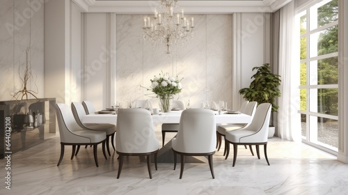  White Marble Dining Room Interior Design - White Marble Dining Room Brilliance Background - Celebration of Luxury Mealtime Elegance - Modern Dining Space Charm created with Generative AI Technology © InteriorArchitecture
