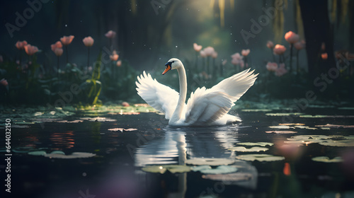 Fototapeta Naklejka Na Ścianę i Meble -  Mute swan flapping wings in the lake with beautiful flowers.