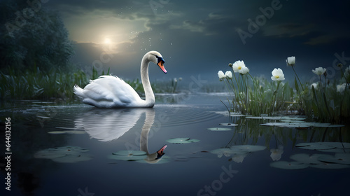 Fototapeta Naklejka Na Ścianę i Meble -  Mute swan flapping wings in the lake with beautiful flowers.