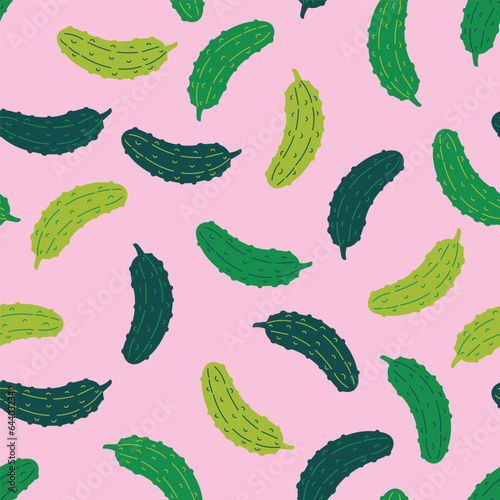 Pickle seamless pattern. Green pickles on pink background vector illustration.
