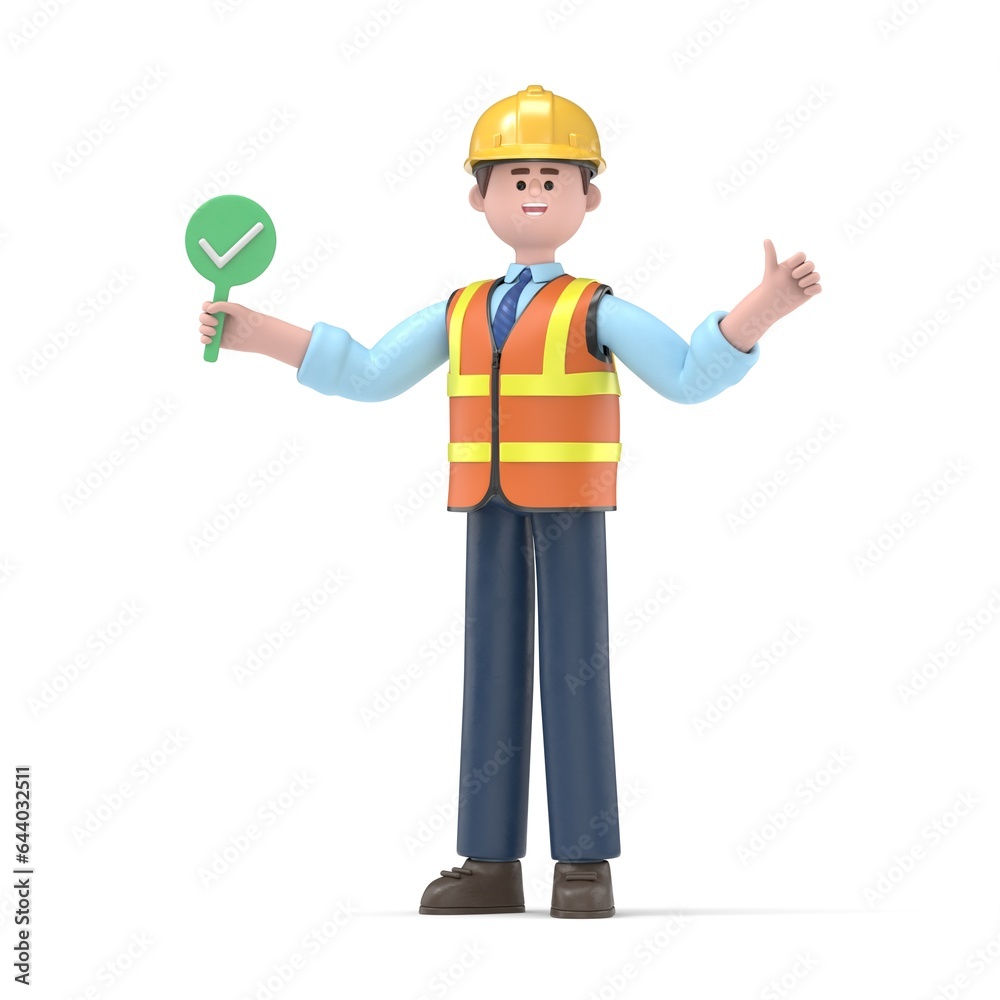 3D illustration of male engineer Owen standing confusedly to choose yes. Concept of choice, selection, answer, reply, accept of refuse. 3D rendering on white background.
