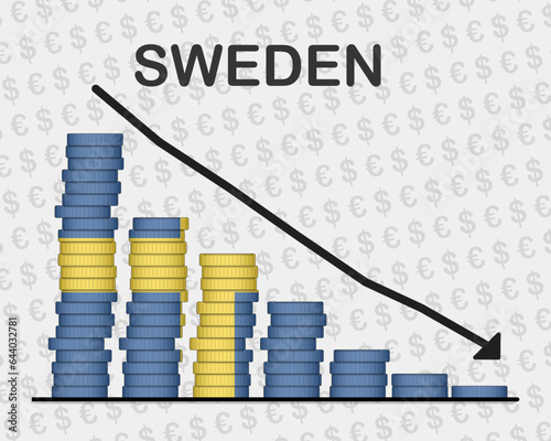 Sweden economic collapse, decreasing values with coins, crisis and downgrade concept