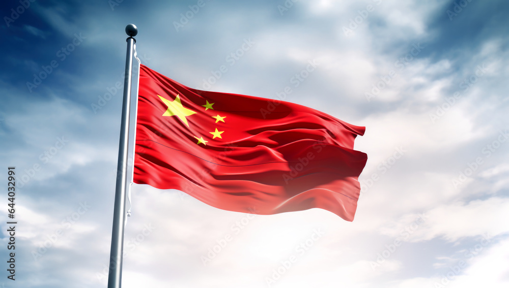 Waving red national flag of China against blue sky background. Made with AI gereration Waving red national flag of China against blue sky background. Made with AI gereration