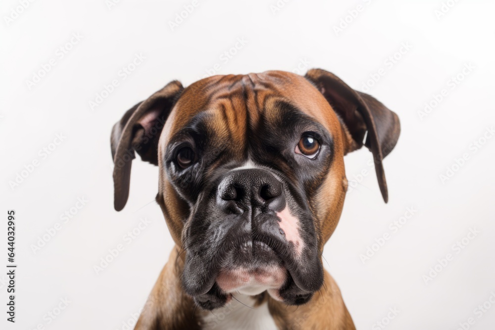 Close-up portrait photography of a funny boxer dog wearing a visor against a white background. With generative AI technology