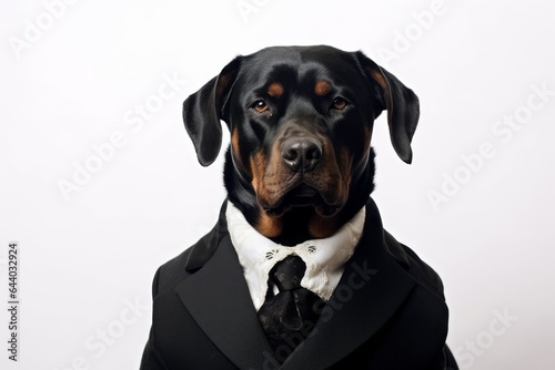 Medium shot portrait photography of a funny rottweiler wearing a dapper suit against a white background. With generative AI technology © Markus Schröder