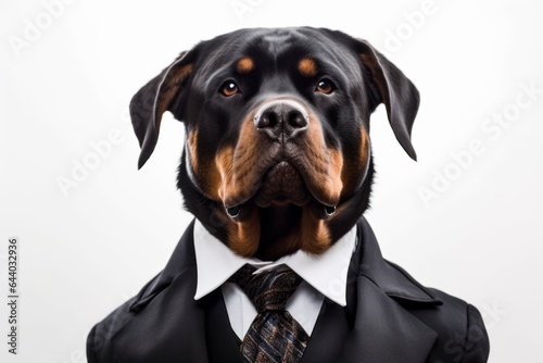 Medium shot portrait photography of a funny rottweiler wearing a dapper suit against a white background. With generative AI technology photo