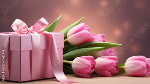 A pink gift box with a pink bow and pink tulips
