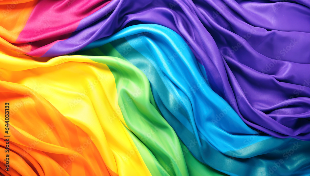 Obraz premium Pride gay flag waving in the wind. Close up of LGBT rainbow banner blowing, soft and smooth silk. Cloth fabric texture ensign background. Made with AI gereration