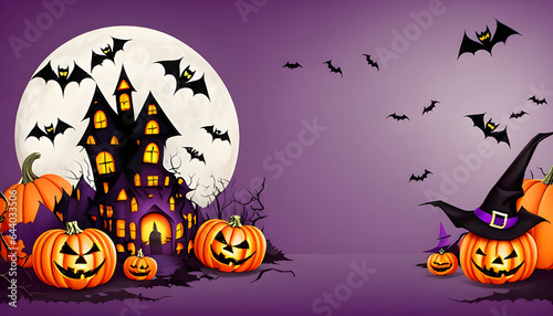 Happy Halloween banner or party invitation on violet background.