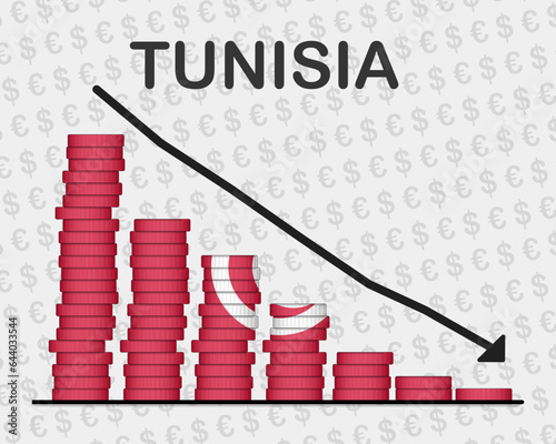 Tunisia economic collapse, decreasing values with coins, crisis and downgrade concept