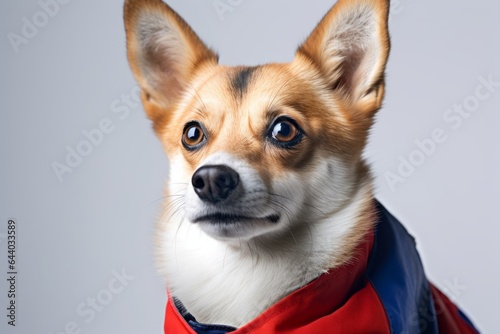 Close-up portrait photography of a cute norwegian lundehund wearing a sailor suit against a white background. With generative AI technology