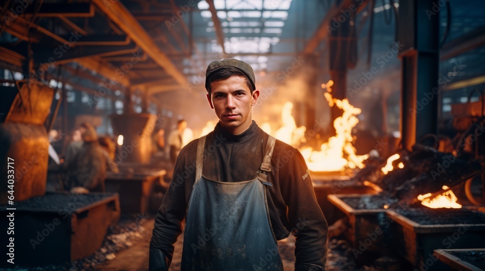 Handsome blacksmith working in a fireplace.