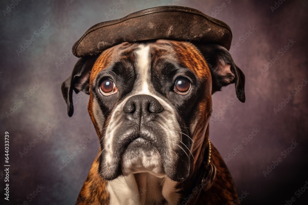 Photography in the style of pensive portraiture of a funny boxer dog wearing a pirate hat against a pastel or soft colors background. With generative AI technology