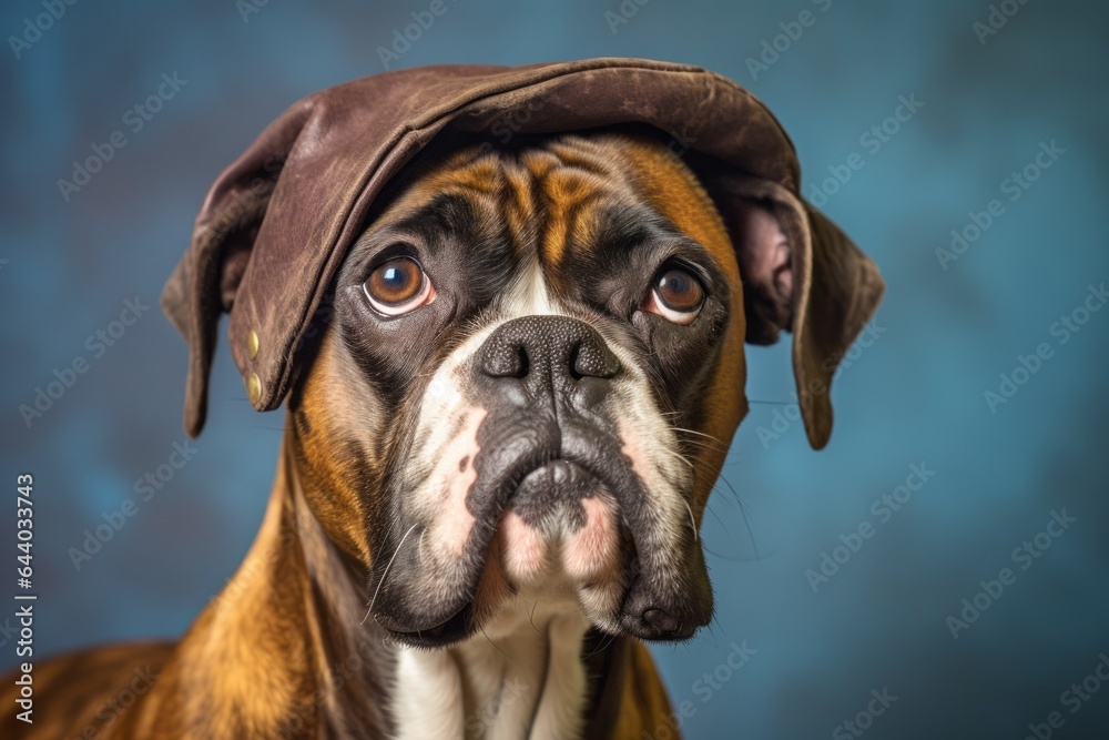 Photography in the style of pensive portraiture of a funny boxer dog wearing a pirate hat against a pastel or soft colors background. With generative AI technology