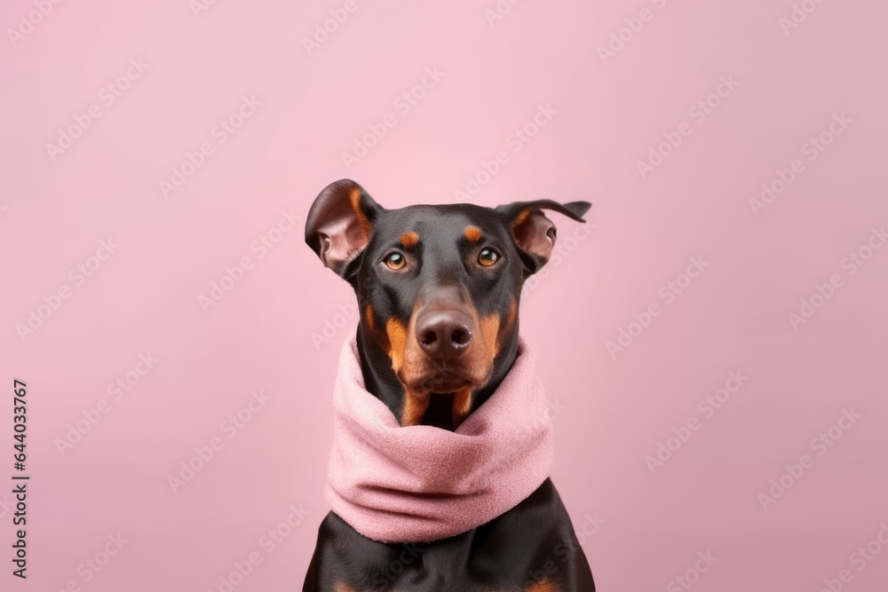 Medium shot portrait photography of a happy doberman pinscher wearing a warm scarf against a pastel or soft colors background. With generative AI technology Medium shot portrait photography of a happy doberman pinscher wearing a warm scarf against a pastel or soft colors background. With generative AI technology