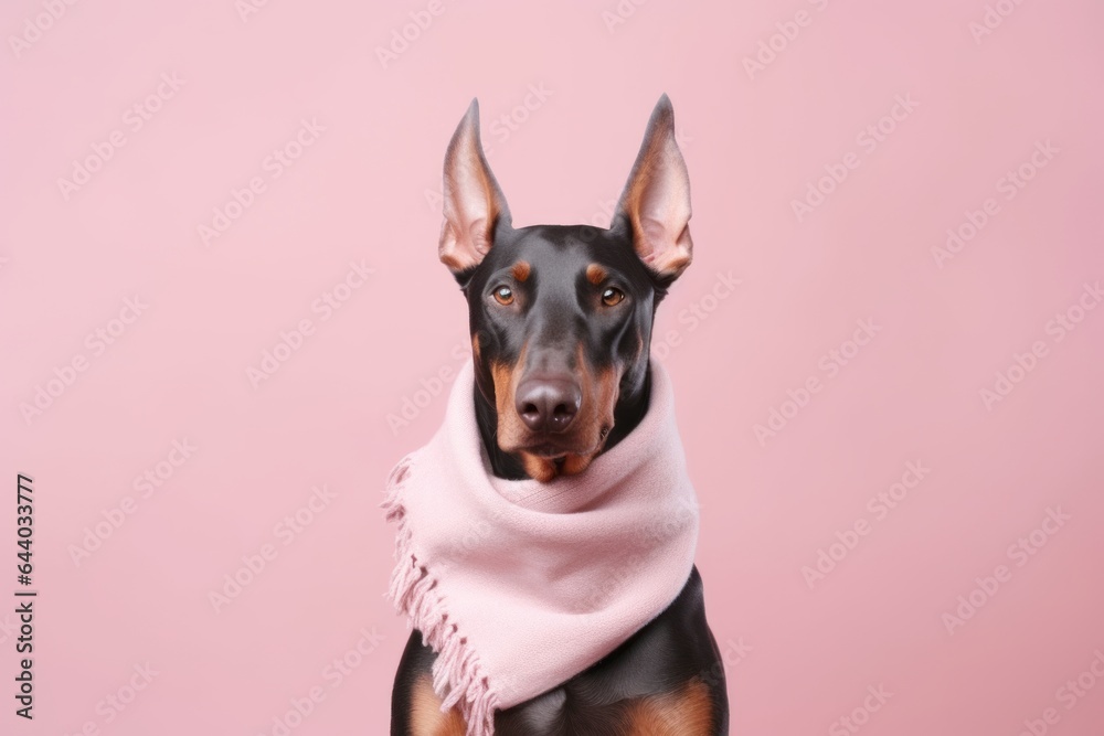 Medium shot portrait photography of a happy doberman pinscher wearing a warm scarf against a pastel or soft colors background. With generative AI technology