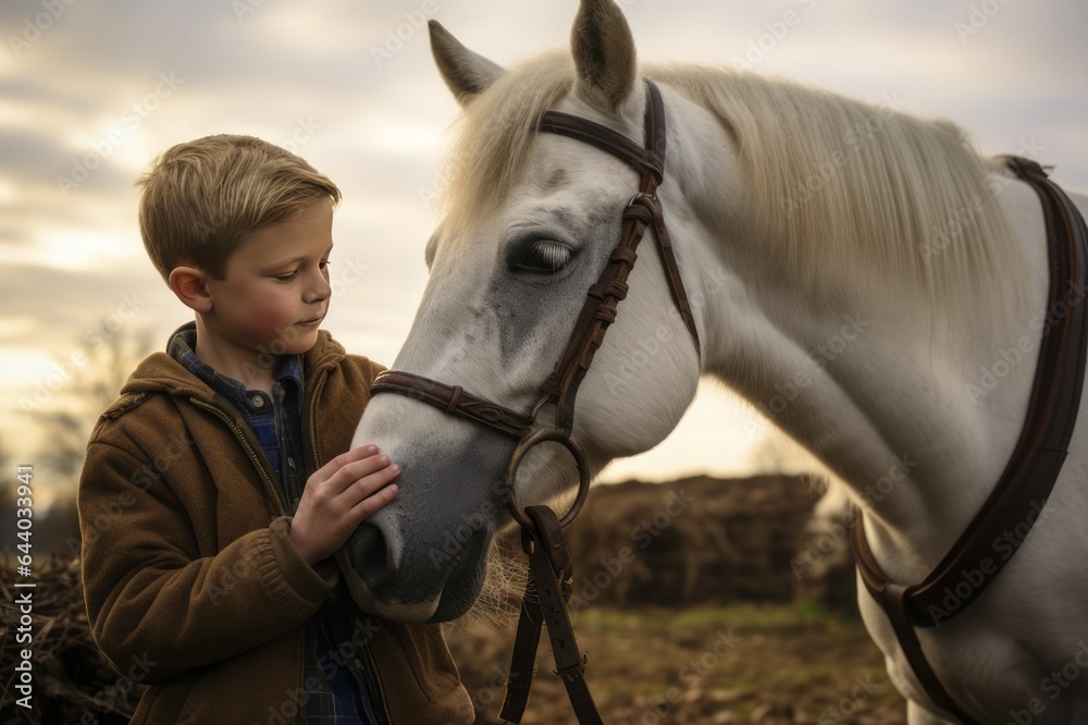 Obraz premium The boy strokes his white horse. Growing up on a farm with animals, slow living concept. 