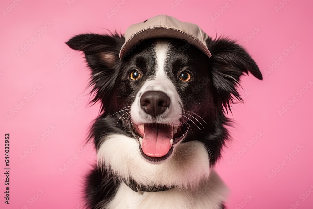 Group portrait photography of a smiling border collie wearing a cool cap against a pastel or soft colors background. With generative AI technology