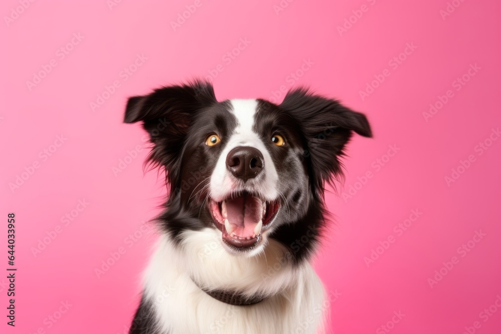 Group portrait photography of a smiling border collie wearing a cool cap against a pastel or soft colors background. With generative AI technology