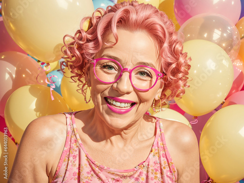 Beautiful fashionable happy senior woman, balloons