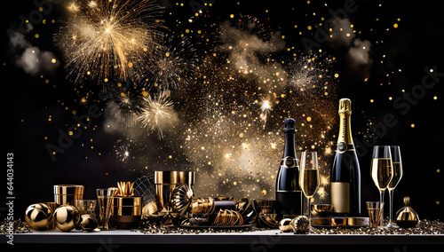 champagne with celebration ornaments on desk.beverage and anniversary or festival background.light gold luxury design