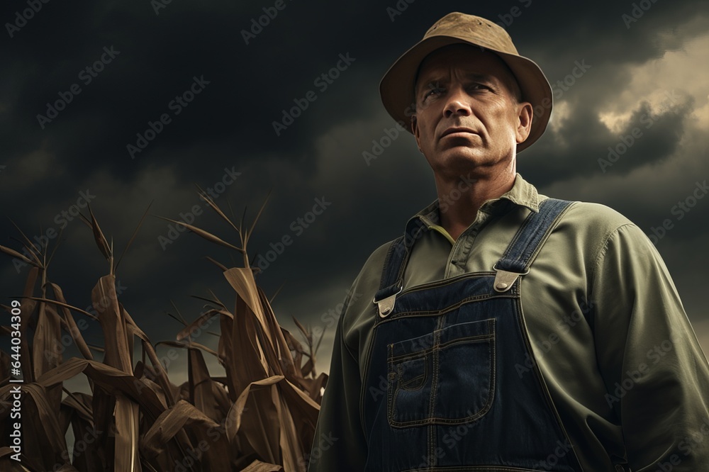 Portrait of handsome middle-aged male farmer in a corn field with moody sky background.