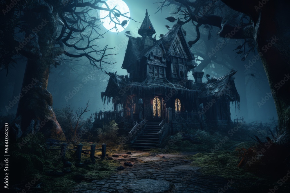 Abandoned haunted house in the woods. Halloween concept