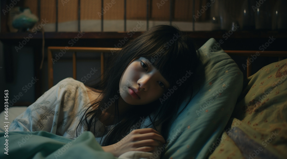 眠れずにうつろな表情で夜を過ごす日本人の若い女性 眠れずにうつろな表情で夜を過ごす日本人の若い女性