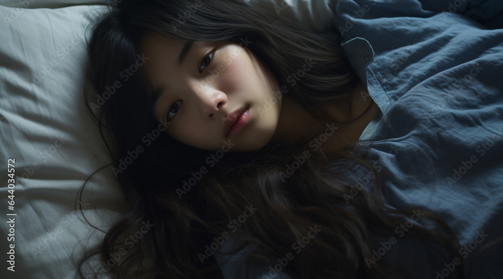 眠れずにうつろな表情で夜を過ごす日本人の若い女性 Stock-Illustration | Adobe Stock