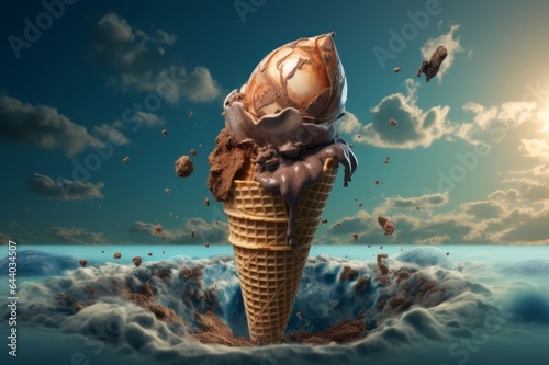 Ice cream in a cone making its way above the clouds.