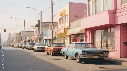 Street in the 80s with parked cars and soft pastel colors buildings © Amel