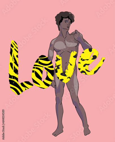 Love. T-shirt design of a naked young black man similar to Michelangelo's David on a pink background. Vector illustration for gay pride day