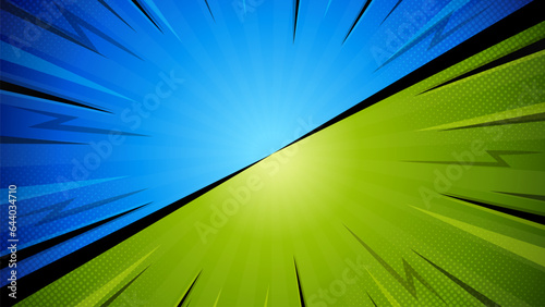 Flat versus comic style background. Before and after background template. Blue and green comic style background with lightning and halftone effect.
