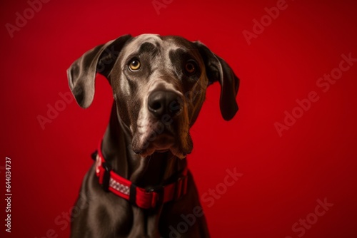 Headshot portrait photography of a happy great dane wearing a reflective vest against a red background. With generative AI technology