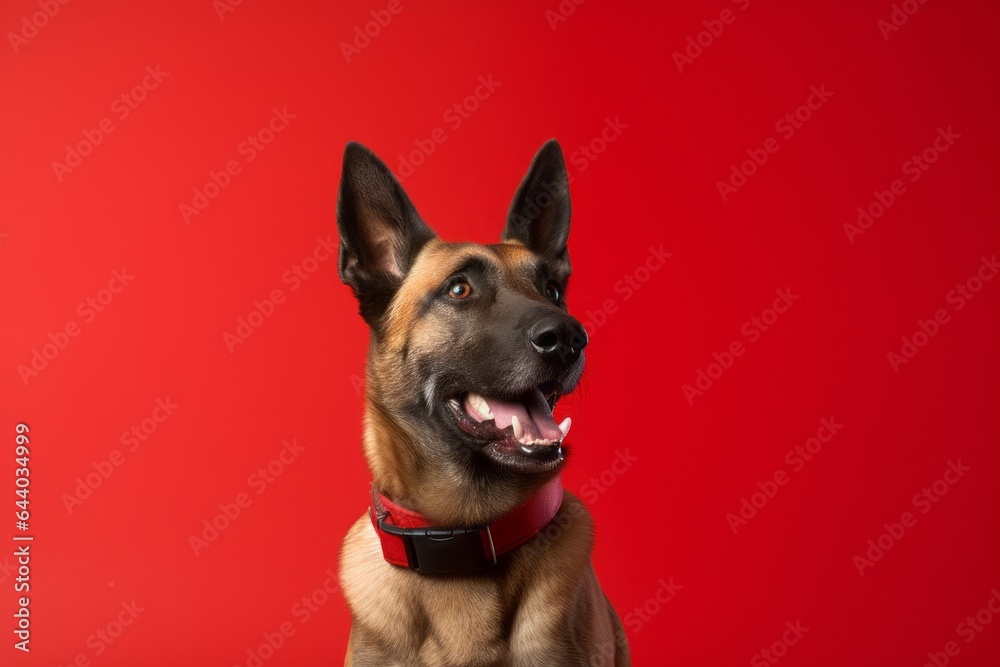 Photography in the style of pensive portraiture of a happy belgian malinois dog wearing a reflective vest against a red background. With generative AI technology