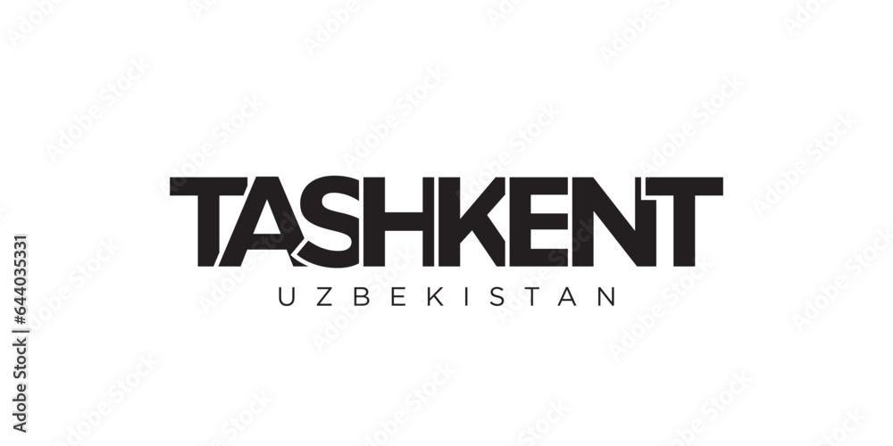 Tashkent in the Uzbekistan emblem. The design features a geometric style, vector illustration with bold typography in a modern font. The graphic slogan lettering.