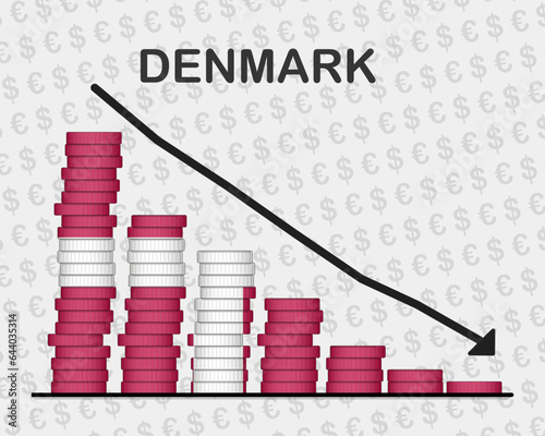 Denmark economic collapse, decreasing values with coins, crisis and downgrade concept