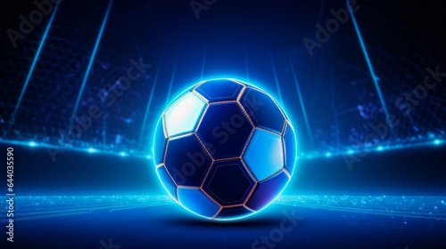 An illustration of a luminous background for a football championship. This vector artwork portrays an abstract, brightly glowing soccer ball in neon colors against a backdrop