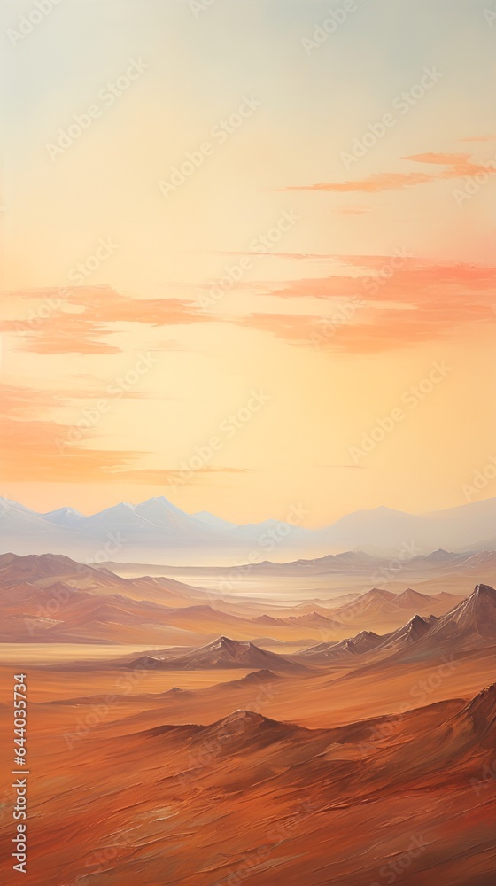 A painting of a desert with mountains in the background A painting of a desert with mountains in the background